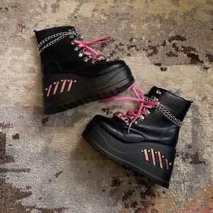 Platform Block Heel Mid Calf Boots with Chain